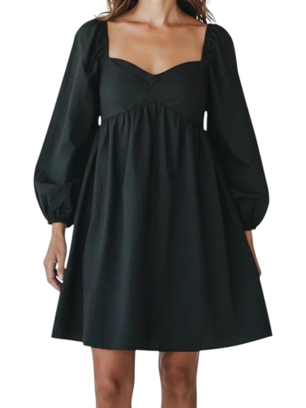 OAK + FORT Black Puffed Sleeve Sweetheart Cotton Dress | L